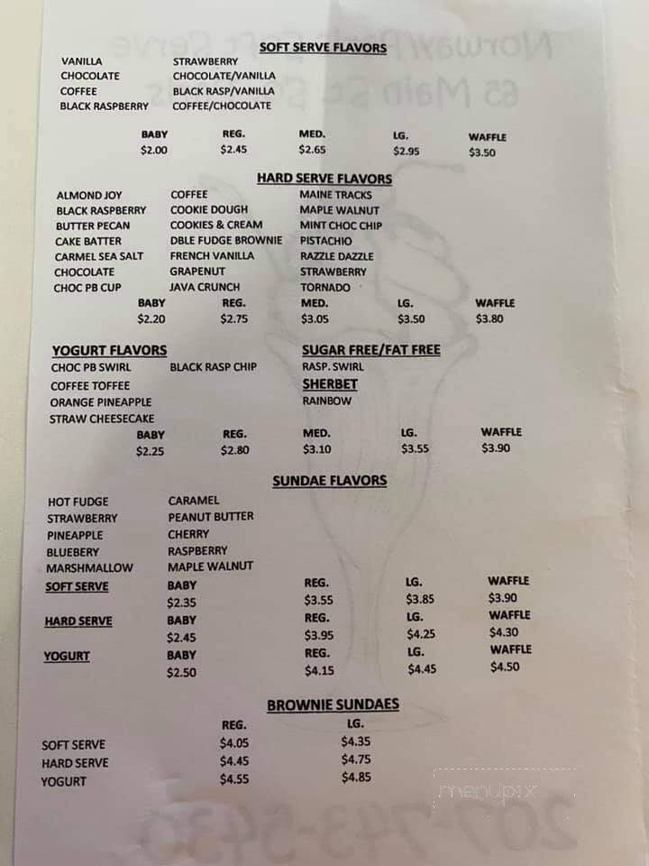Norway Soft Serve menu — soft serve, hard serve, yogurt and sundae flavors with prices