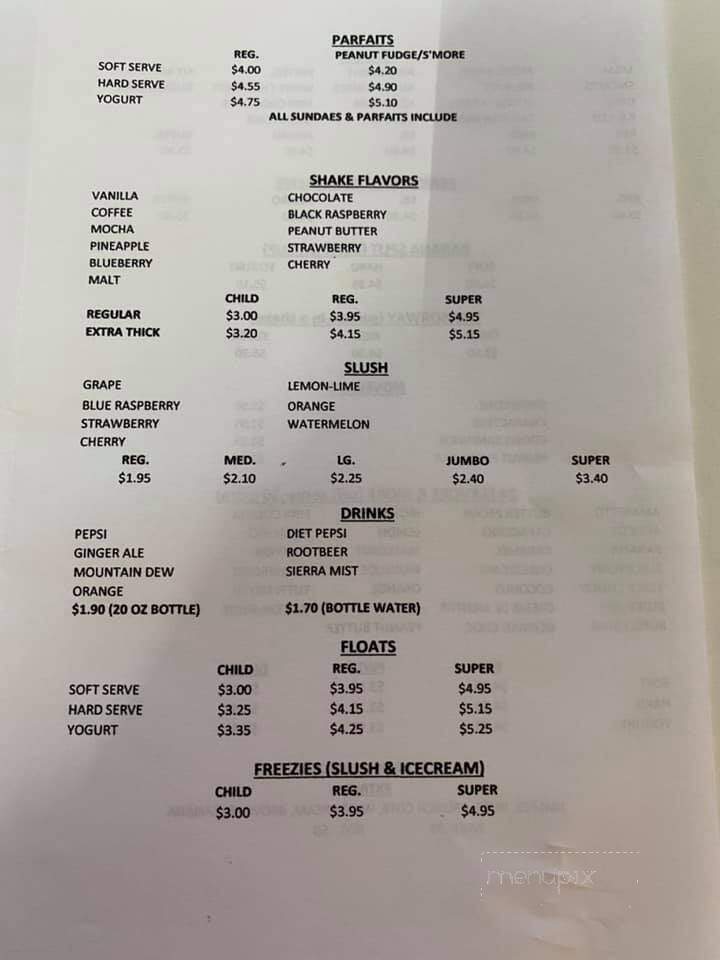 Norway Soft Serve menu — parfaits, shakes, slush, drinks and floats