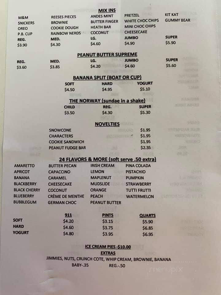 Norway Soft Serve menu — mix-ins, banana splits, novelties and rotating flavors